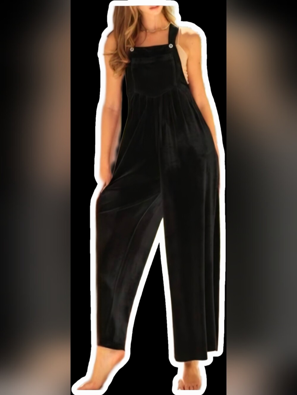 eesome Black Velvet Straight Leg Jumpsuit/Overalls Pockets Casual Party Size L
